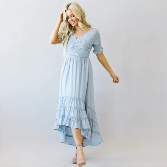 dusty blue modest dress Dusty Blue Manal button down Modal modest maxi dress main image 0
